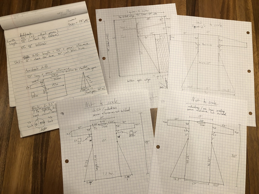 A notepad and five sheets of white paper on a wooden table. On the paper is written notes about making a dress and drawings of viking dress patterns