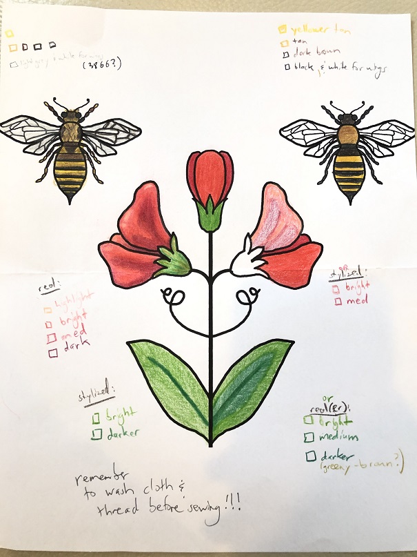 A colored drawing of two bees and three sweet pea flowers