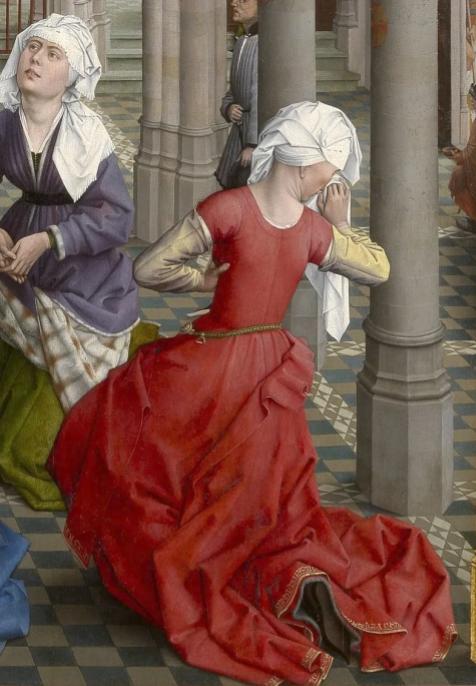 A detail from Rogier van der Weyden's painting The Seven Sacraments showing a woman's back. She wears a red dress with light yellow sleeves and white head wrap.