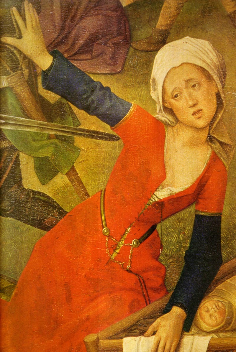 A detail from Hugo van der Goes' 1470 painting Massacre of the Innocents, showing a woman in a red dress and white head wrap with an arm thrust out to protect a baby