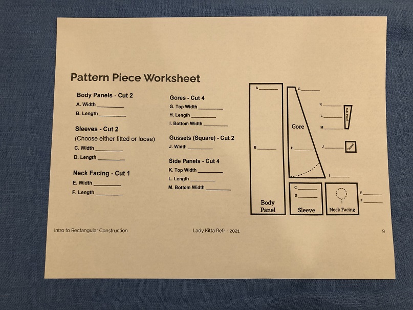 A worksheet for a Viking dress pattern that includes all pattern pieces and blanks to fill in the appropriate measurements